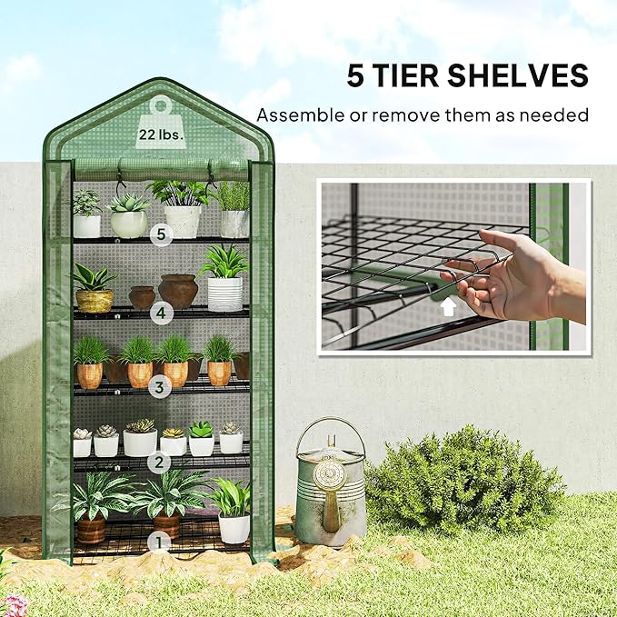 Outsunny 5 Tier Mini Greenhouse, 76" x 35.4" x 19.3" Small Portable Greenhouse with Reinforced PE Cover, Roll-Up Zippered Door, for Indoor Outdoor Garden Yard Backyard, Green