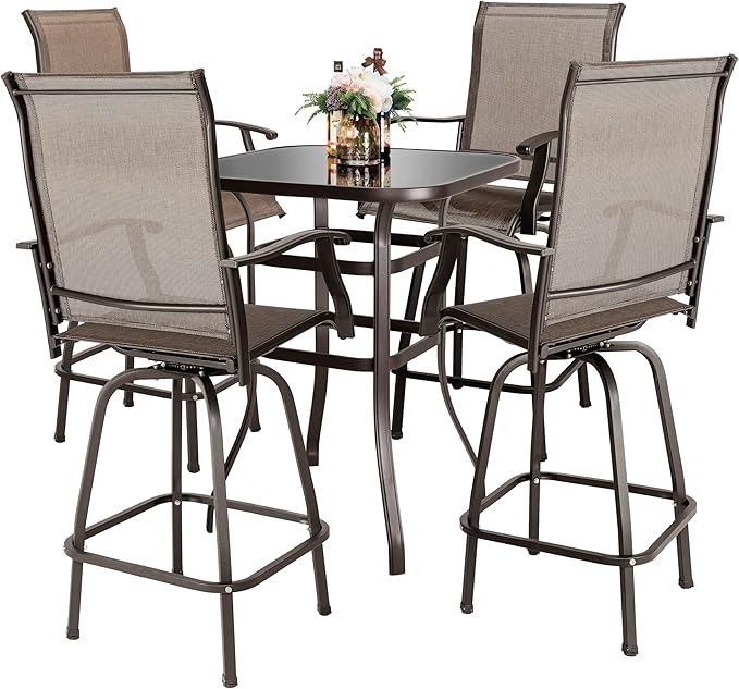 NUU GARDEN 5 Piece Patio Bar Set with Square Silk Screen Bar Height Glass Table and 4 Counter Textilene Height Swivel Chairs for Patio, Yard, Outdoor, Black&Brown