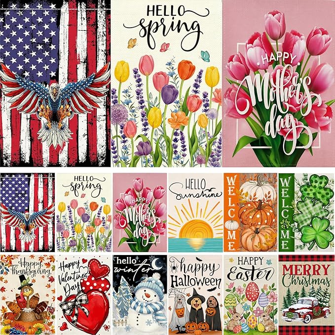 Seasonal Garden Flags Set of 12 Double Sided 12 x 18 Inch Garden Flags, Small Yard Flags for Outside, Patriotic Spring Garden Flag Outdoor Decor, Holiday Garden Decorations for All Seasons