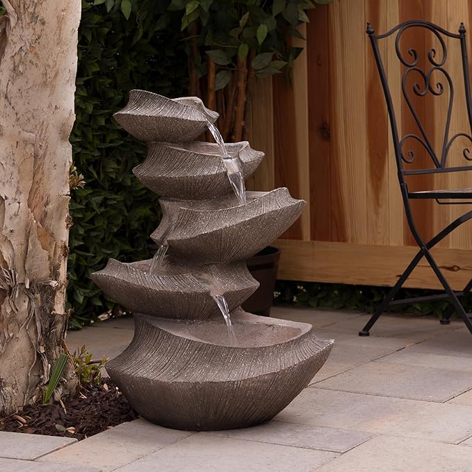 Alpine Corporation WIN1332L-BR Outdoor Floor Tiered Basin Fountain with LED Lights, Modern Basin Garden Fountain 31", Brown