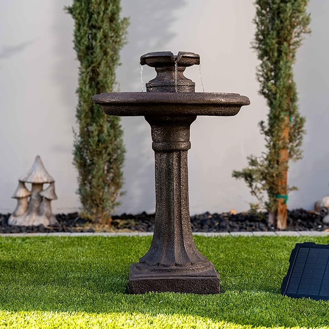 XBrand 28" Solar Powered Outdoor Bird Bath Water Fountain, Resin Fountain with Solar Panel, Brown