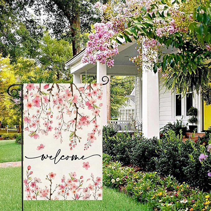 Baccessor Spring Summer Welcome Garden Flag 12.5 x 18 Inch Double Sided Burlap Pink Floral Cherry Blossom Farmhouse Small Yard Flag Summer Holiday Seasonal Outdoor Outside Decoration