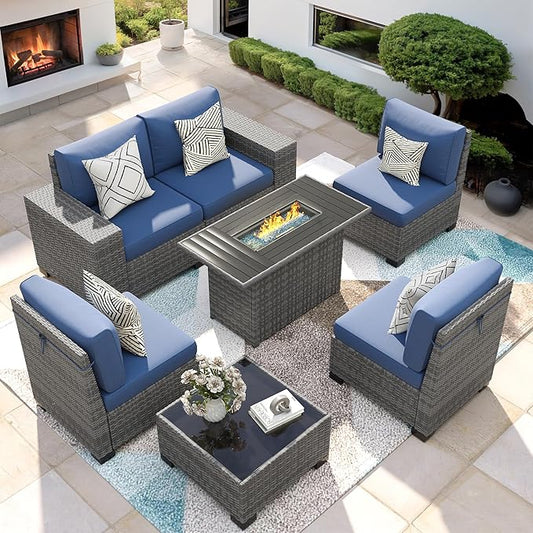 7 Piece Patio Furniture Set with Fire Pit Table, Outdoor Conversation Sets Wicker Rattan Sectional Sofa with Coffee Table for Patio Garden Backyard, 4'' Thickened Cushion Navy Blue