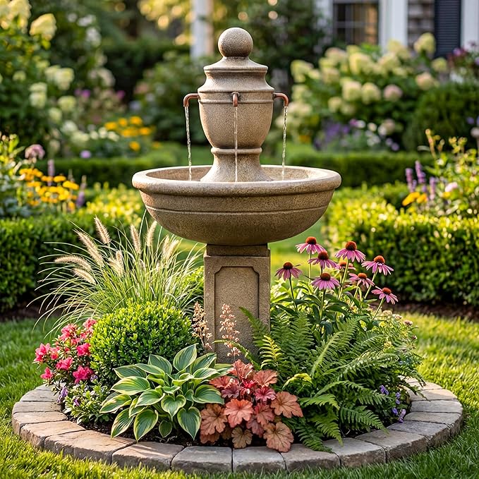 35-Inch Outdoor Water Fountain, 2-Tier Modern Italian Floor Standing Resin Waterfall Fountain with Warm Light, Home Art Decor for Garden, Patio, Yard, Porch, Deck, Lawn or Balcony in Brown