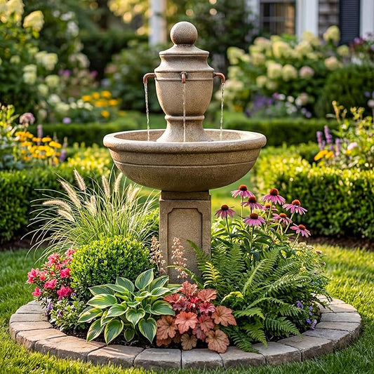 35-Inch Outdoor Water Fountain, 2-Tier Modern Italian Floor Standing Resin Waterfall Fountain with Warm Light, Home Art Decor for Garden, Patio, Yard, Porch, Deck, Lawn or Balcony in Brown