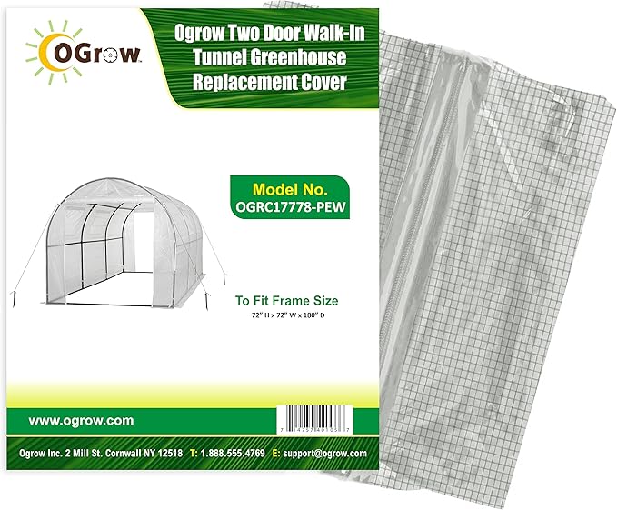 OGrow Walk-in Greenhouse Cover, Replacement Parts for Outdoor Gardening, Cold Frost Protection, with Zippered Doors, Light Filtering Material, Fits Frame 180" L x 72" W x 72" H, White