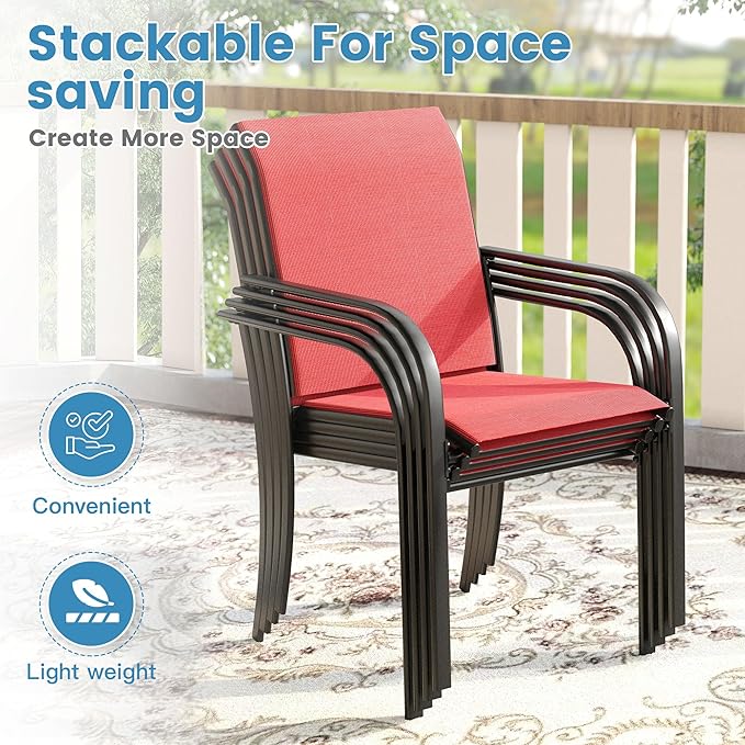 DIFY Patio Dining Chairs Set of 6, Stackable Outdoor Metal Chairs for Garden, Porch and Lawn, Red