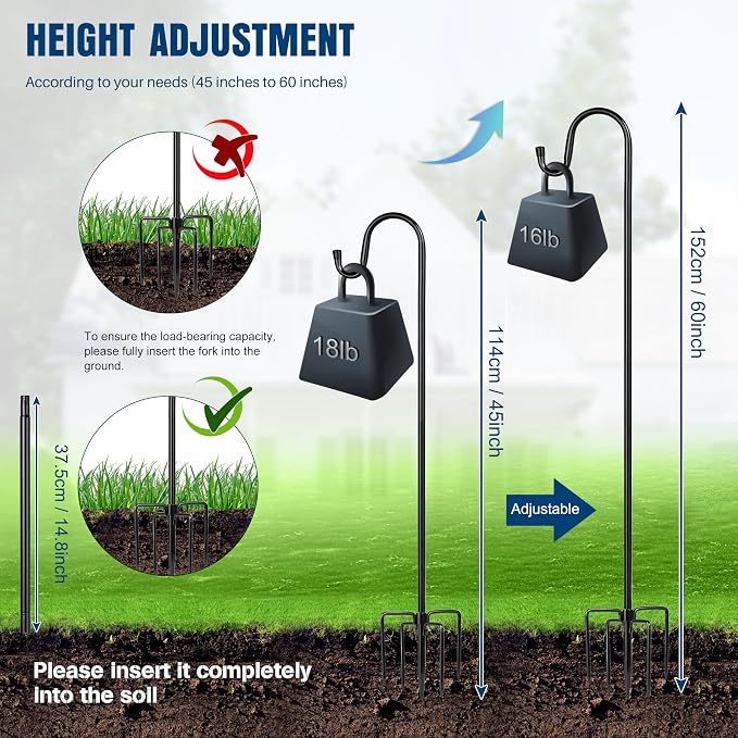 Ottsuls Shepherds Hooks for Outdoor - 60" Heavy Duty Bird Feeder Pole with 5 Prong Base, Adjustable Stand Hanger for Garden Plant, Hummingbird Feeder, Lantern Lights - Haning Wedding Decor (1 Pack)