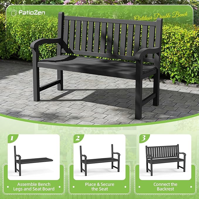 PatioZen Outdoor Bench, Waterproof & Weatherproof Garden Bench with Ergonomic Design, 2-Person Resin Bench for Porch, Deck, Patio, Outdoor, Garden & Park(Black)