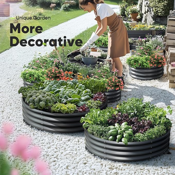 KING BIRD Raised Garden Bed Galvanized Round Planter Box Outdoor for Gardening, Plants, Vegetables, Flowers, Dark Grey, 24x24x12 in 3 Packs