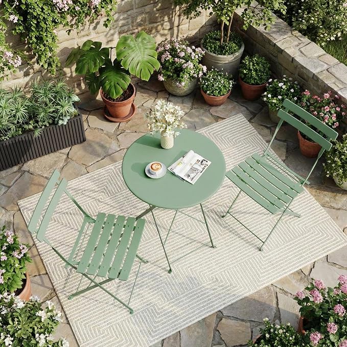 GarveeHome 3-Piece Foldable Bistro Set, Outdoor Patio Furniture with 2 Folding Chairs & 1 Table, Weather-Resistant Indoor/Outdoor Conversation Set for Patio, Green