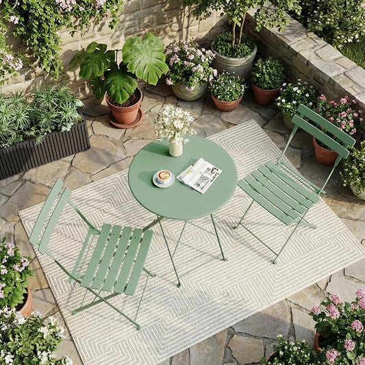 GarveeHome 3-Piece Foldable Bistro Set, Outdoor Patio Furniture with 2 Folding Chairs & 1 Table, Weather-Resistant Indoor/Outdoor Conversation Set for Patio, Green
