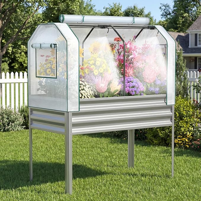 Lineware Galvanized Raised Garden Bed with Self-Watering System, Elevated Planter Boxes Outdoor with Legs and PE Cover for Vegetables and Flowers, Backyard, Patio, Balcony, 48x24x56 in