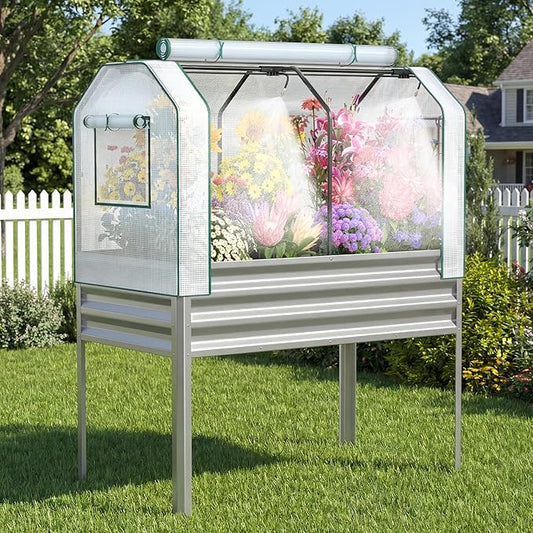 Lineware Galvanized Raised Garden Bed with Self-Watering System, Elevated Planter Boxes Outdoor with Legs and PE Cover for Vegetables and Flowers, Backyard, Patio, Balcony, 48x24x56 in