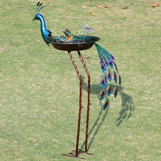 36" H Peacock Bird Baths for Outdoor, Metal Bird Feeder Seed Trayr,Outdoor Bird Bath,Garden Lawn Yard Decor