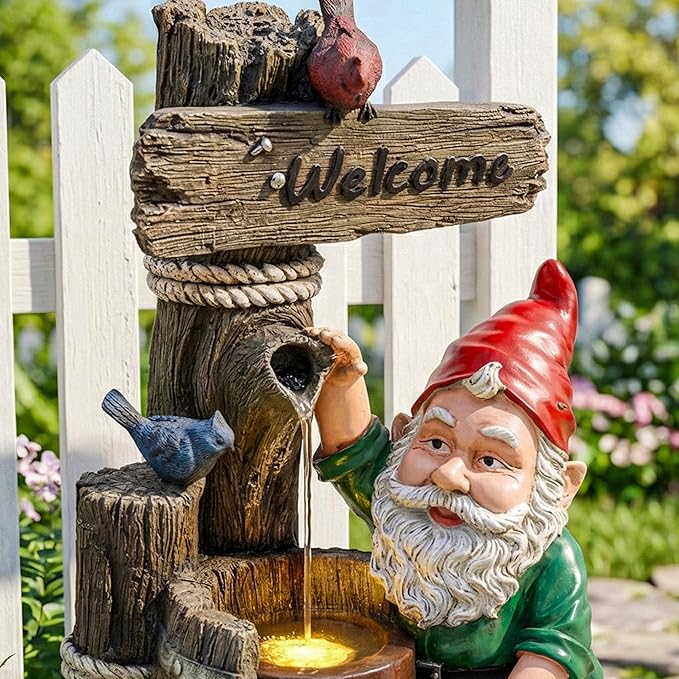 27-Inch Outdoor Water Fountain, 2-Tier Garden Gnomes Statue Resin Waterfall Fountain with Welcome Sign & Bird Accents & LED Light, Home Decor for Lawn, Patio, Porch, Backyard, Enterway in Brown