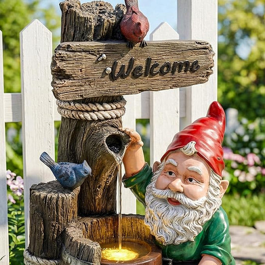 27-Inch Outdoor Water Fountain, 2-Tier Garden Gnomes Statue Resin Waterfall Fountain with Welcome Sign & Bird Accents & LED Light, Home Decor for Lawn, Patio, Porch, Backyard, Enterway in Brown