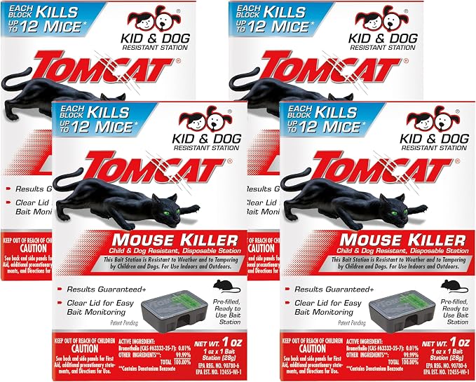Tomcat Mouse Killer Disposable Station for Indoor/Outdoor Use - Child & Dog Resistant, 1 Station with 1 Bait (Pack of 4)