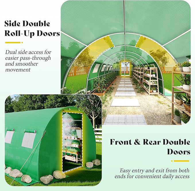 AMERLIFE 44×10 FT Large Walk-in Tunnel Greenhouse with Watering System, Heavy Duty Greenhouse with 4 Support Poles & 4 Doors, Outdoor Greenhouse with Mesh Windows, UV-Proof PE Cover, Green