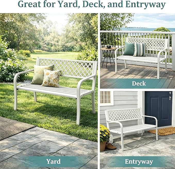 Garvee Outdoor Metal Garden Bench for 2 Person, Heavy Duty Steel Patio Bench 790 Lbs Capacity, Weather Resistant Black Porch Seating with Geometric Backrest, Outdoor Furniture for Yard, Deck, Entryway