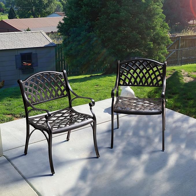 NUU GARDEN Cast Aluminum Patio Dining Chairs with Armrests for Indoor Outdoor Bistro Chairs for Balcony, Backyard, Garden, Black with Bronze Edge