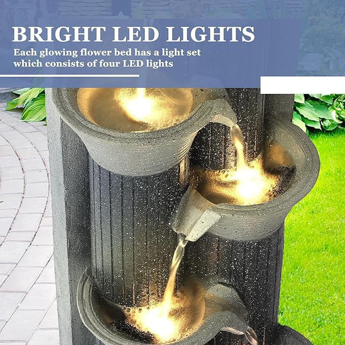 Grepatio Outdoor 5-Tiers Cascading Water Fountain, Garden Waterfalls Fountain with LED Lights, 24" H Modern Indoor Floor Standing Water Fountains with Pump for Patio, Yard, Deck Decor (Greyish Black)