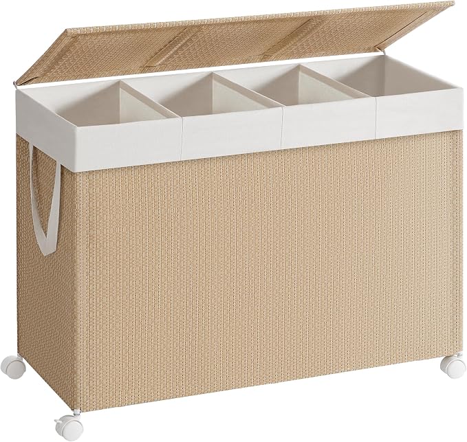 SONGMICS HOME Laundry Hamper with 4 Section, 180 L, Rattan, with Wheels | Rolling Clothes Basket with Lid, Removable Liner with Handles, Tan and White, PEZZO Collection ULCB603N01
