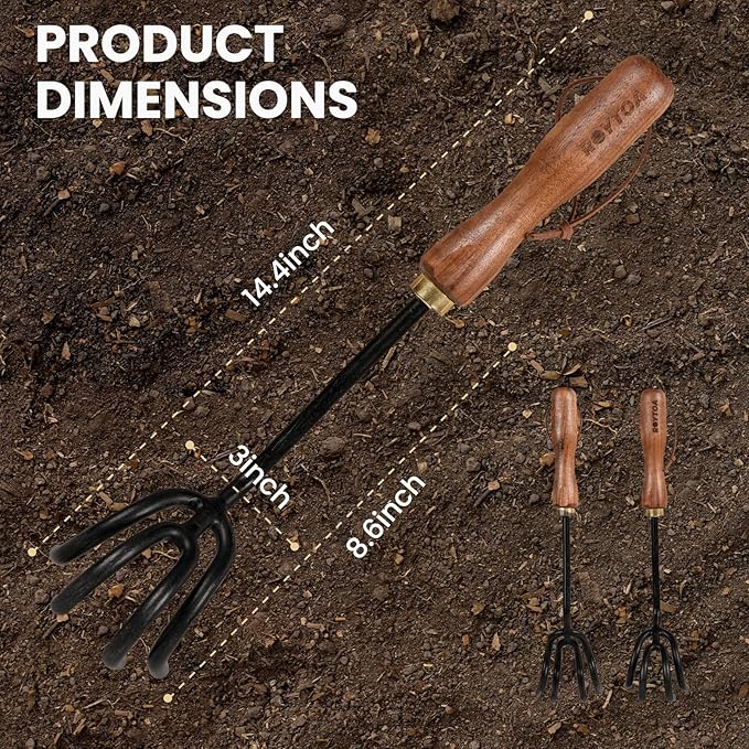 ROYTOA Hand Cultivator Rake, Ergonomic Small Garden Rake with Walnut Handle & 4 Durable Tines, Garden Tools for Weeding, Digging and Cultivating