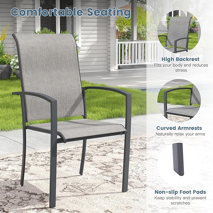 DIFY Patio Chairs Set of 4, Stackable Outdoor Dining Chairs with High Back & Metal Frame, All Weather Breathable Textilene Fabric Outdoor Chairs Set for Backyard Garden Deck, Grey