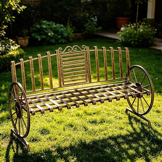 Outdoor Bench Patio Outdoor Garden Bench with Built-in Table, Wagon Wheel Arms, 3 People Outdoor Bench Garden Bench Front Porch Furniture Patio Lawn Yard Park (Bronze)