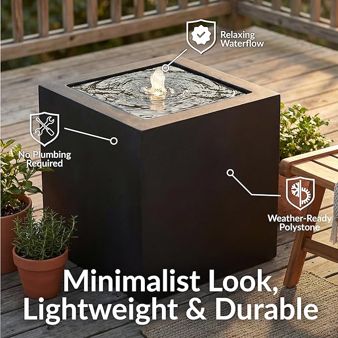 Sunnydaze Outdoor Water Fountain with LED Light - Modern Square Bubbler Water Feature with Pump - 17.5" H - for Patio, Garden, Deck, Relaxation and Stress Relief - Black
