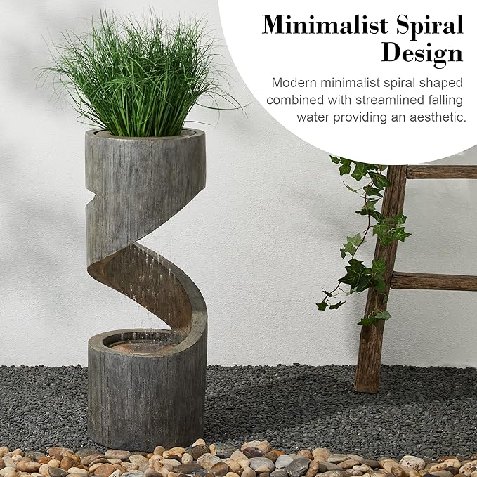 Glitzhome Outdoor Water Fountain with LED Light, Spiral Outdoor Fountain Waterfall with Stone Planter, Modern Curved Freestanding Fountain Water Feature for Garden Patio Backyard, 31.3" H