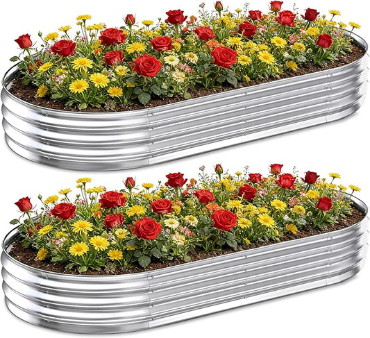 Galvanized Raised Garden Bed Outdoor, 8x4x1ft(2 Pack) Metal Heavy Duty Planter Boxes for Gardening, Easy Assemble Large Oval Plant Container Kit for Vegetable, Flower, Fruit, Silver