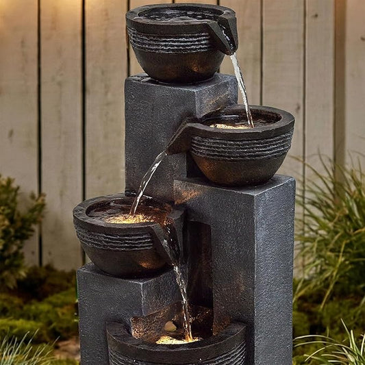 34-Inch Outdoor Water Fountain, 4-Tier Cascading Bowls Resin Waterfall Fountain with 3 Warm LED Lights, Rustic Water Feature for Garden, Patio, Deck, Porch, Backyard, Farmhouse in Gray