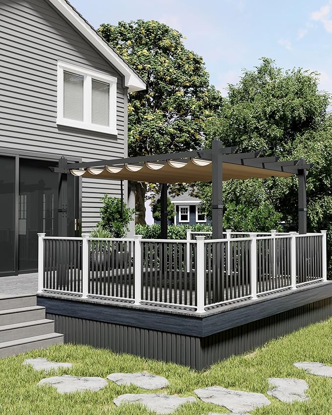 KYBOLT 10x13 Ft Aluminum Pergola with Retractable Canopy Metal Gazebo for Garden Modern Backyard Deck Grape Trellis(Khaki)