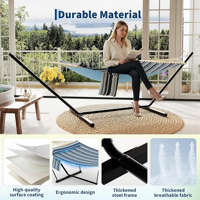 Garvee Double Hammock with Stand for Outdoor, Heavy Duty Portable 2 Person Hammock with Adjustable Steel Stand for Patio, Garden, Beach, Backyard