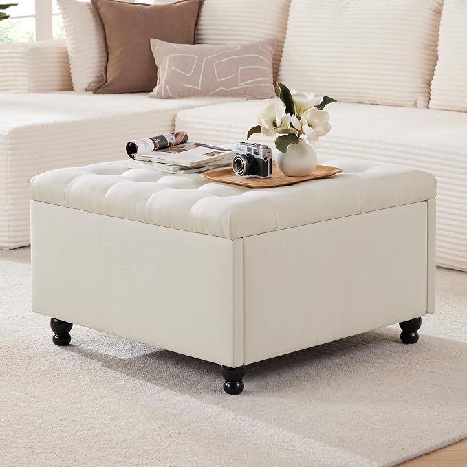 30" Large Square Ottoman with Storage, Fabric Ottoman Coffee Table, Beige | Tufted Upholstered Ottoman for Living Room, Oversized Square Storage Ottoman for Bedroom and Entryway, Solid Wood Frame