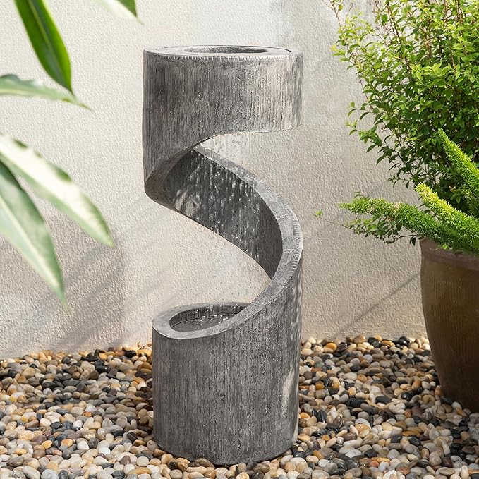 Glitzhome Outdoor Water Fountain, 31.25" H Polyresin Outdoor Fountain Spiral Waterfall Fountain with Pump and LED Lights, Modern Garden Fountain Water Feature for Patio, Backyard, Deck Decor