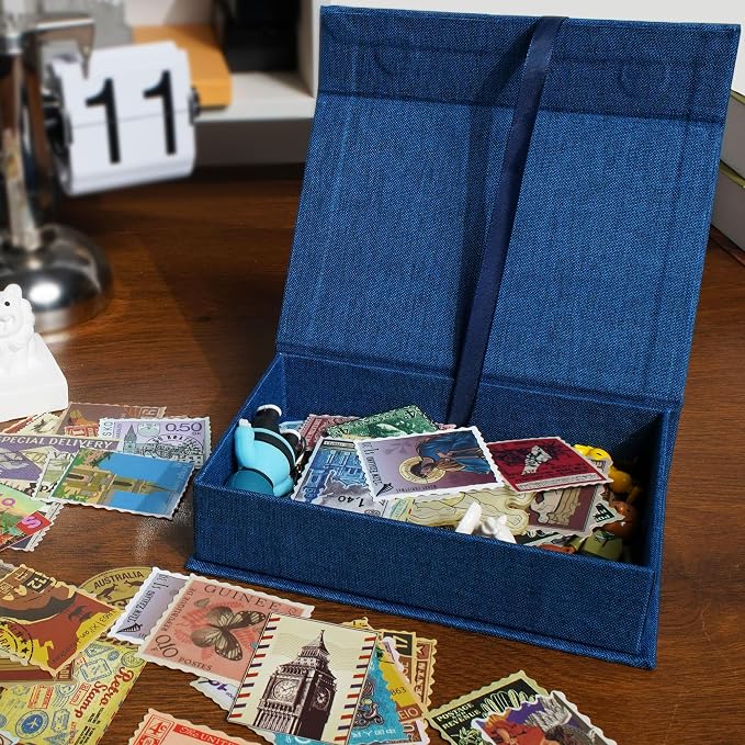 Photo Storage Box 5x7, Keepsake Box - Blue | Linen Material, Connected Lid, for Photos, Certificates, Scrapbooking Supplies, Keepsakes, Jewelry