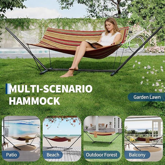 Garvee﻿ 2 Person Hammock with Stand for Outside, Double Hammock with Stand and Pillow, Max 450 Lbs Capacity with Balance Rope, Large Hammock for Outdoor Patio Backyard Poolside