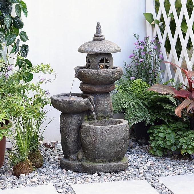 Tankana 32 inches Water Fountain Outdoor Pagoda Japaness Zen Water Fountains Garden Patio Freestanding Water Feature with LED Lights for Backyard Deck Porch Home Decor, Gray