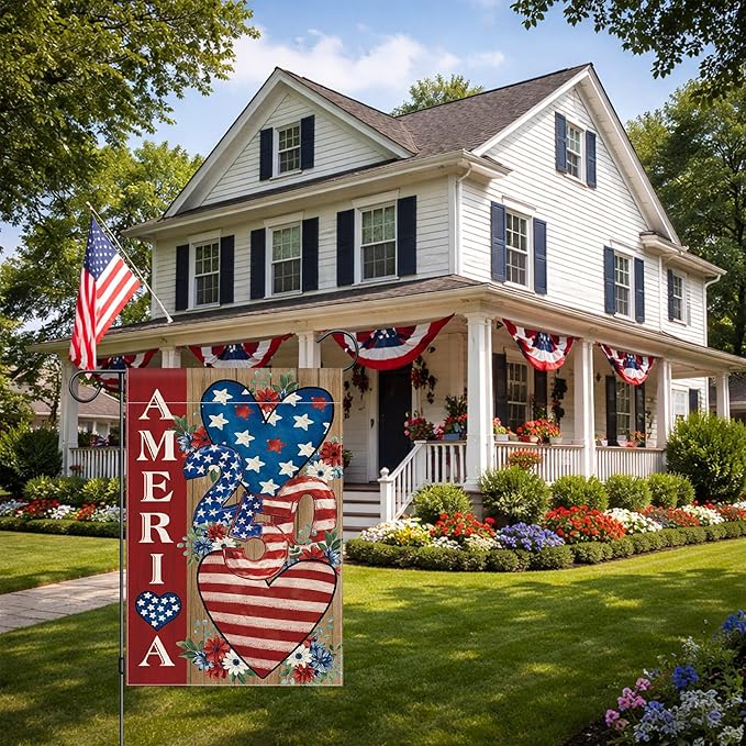 4th of July Garden Flag, 250 Anniversary USA Flag Patriotic America Memorial Day Yard Outdoor Decorations Outside American Heart 250 Years Fourth of July Garden Flag Double Sided Waterproof 12x18 Inch