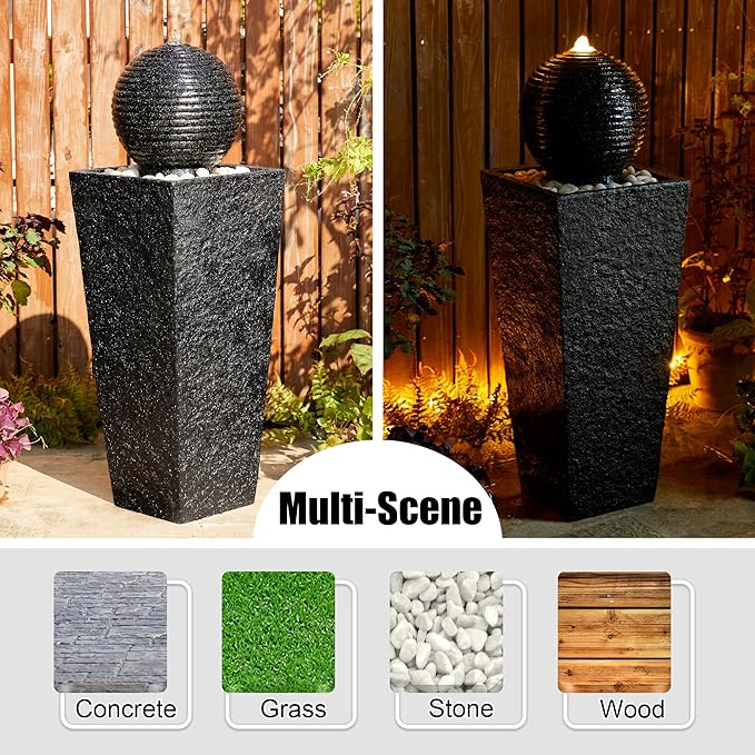 Glitzhome Outdoor Water Fountain, 40.25"H Modern Geometric Pedestal and Sphere Polyresin Waterfall Fountain, Outdoor Fountain with Pebbles, Pump and LED Light for Patio, Backyard, Garden, Deck(Black)