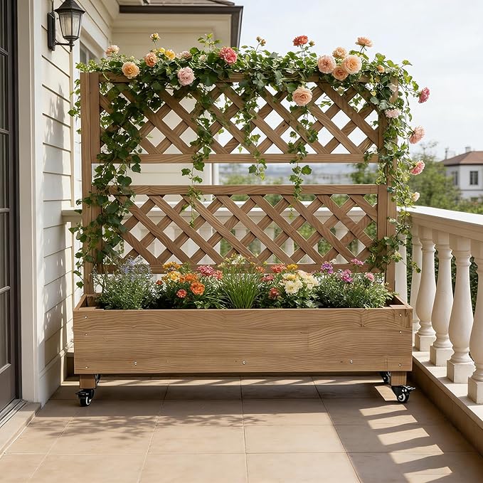 Raised Garden Bed with Wheels Outdoor, Large Garden Planter Box Tomato Flower Pots Cages with Standing Diamond Lattice Trellis for Vegetables Vines Herbs Fruits & Climbing Plants (Rhombic Grid))