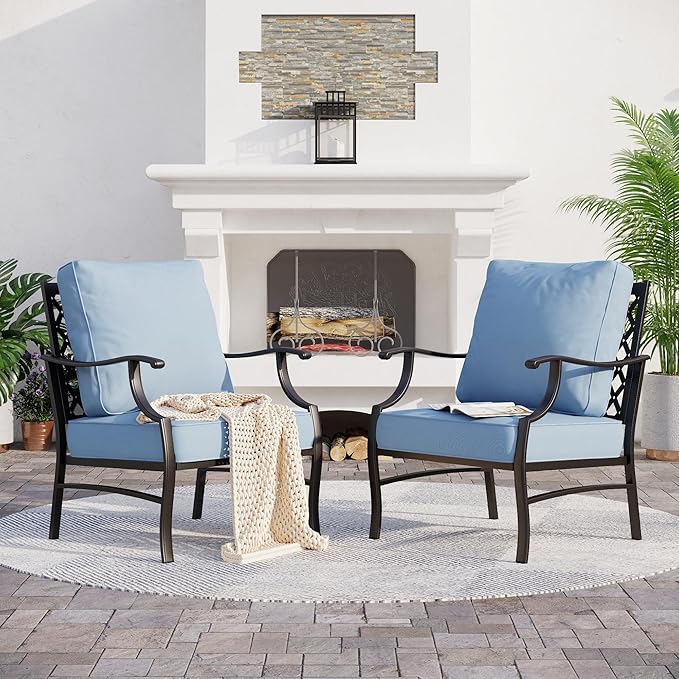 SUNSHINE VALLEY Metal Patio Chairs Set of 2 with 5.75" Extra Thick Cushion, 2 Pieces High Back Outdoor Patio Chairs All Weather Outdoor Furniture Seating for Deck Backyard Balcony Front Porch, Blue