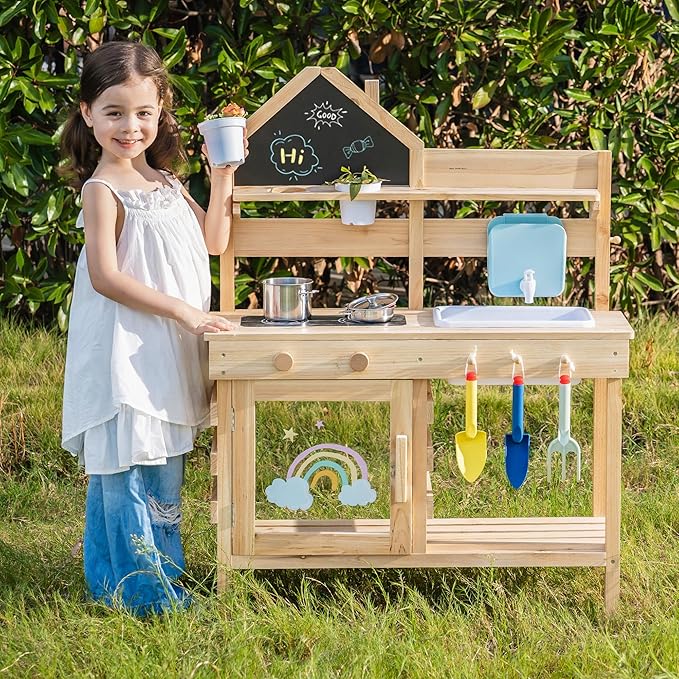 ROBOTIME Outdoor Mud Kitchen for Kids, Kids Wheelbarrow with Gardening Set – Metal Wheelbarrow Toddler Outdoor Play Toy with Garden Tools