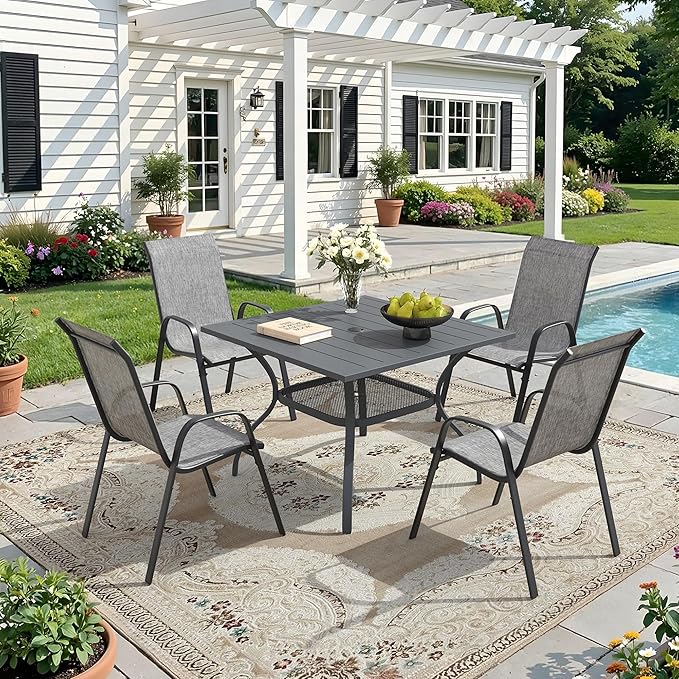 DIFY Patio Chairs Set of 2, Stackable Outdoor Dining Chairs Set with Breathable Textilene High Back and All-Weather Metal Frame for Garden, Backyard, Deck, Grey