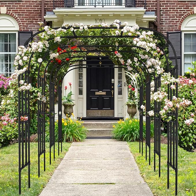 SUNYRISY Garden Arch Trellis, Metal Core Trellis for Climbing Plants Outdoor, Tall Plant Support for Vine Cucumber Tomato Grape Vegetables Climbing Plants, Garden Decoration Arch
