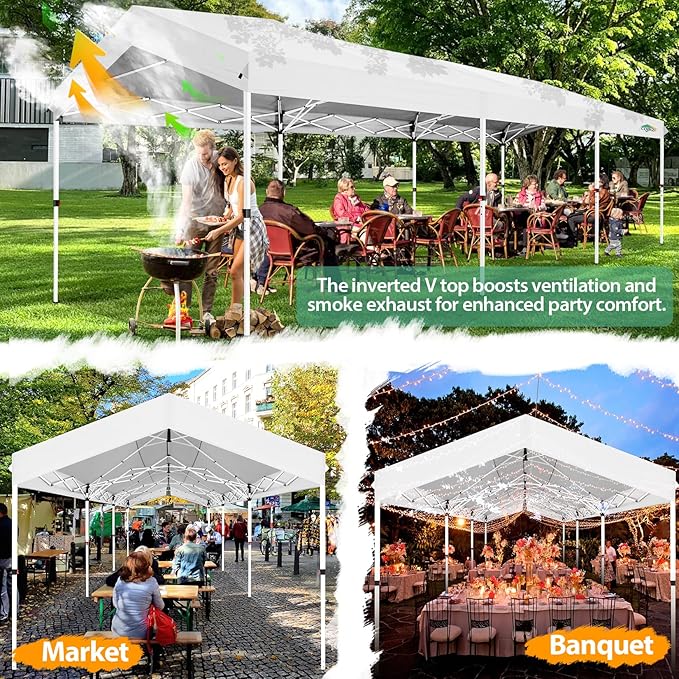 COBIZI Canopy Tent 10x30 Pop up Canopy with 3 Sidewalls Outdoor Party Tent Waterproof 2000mm+&UPF50+,Carpas para Fiestas 10x30 Pop up Gazebo Wedding Canopy with 4 Ropes&4 Sandbags,White