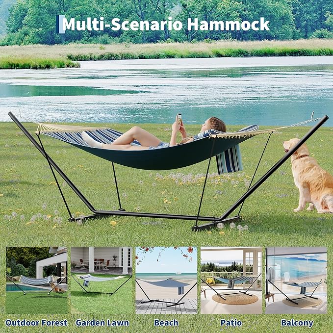 Garvee Double Hammock with Stand for Outdoor, Heavy Duty Portable 2 Person Hammock with Adjustable Steel Stand for Patio, Garden, Beach, Backyard